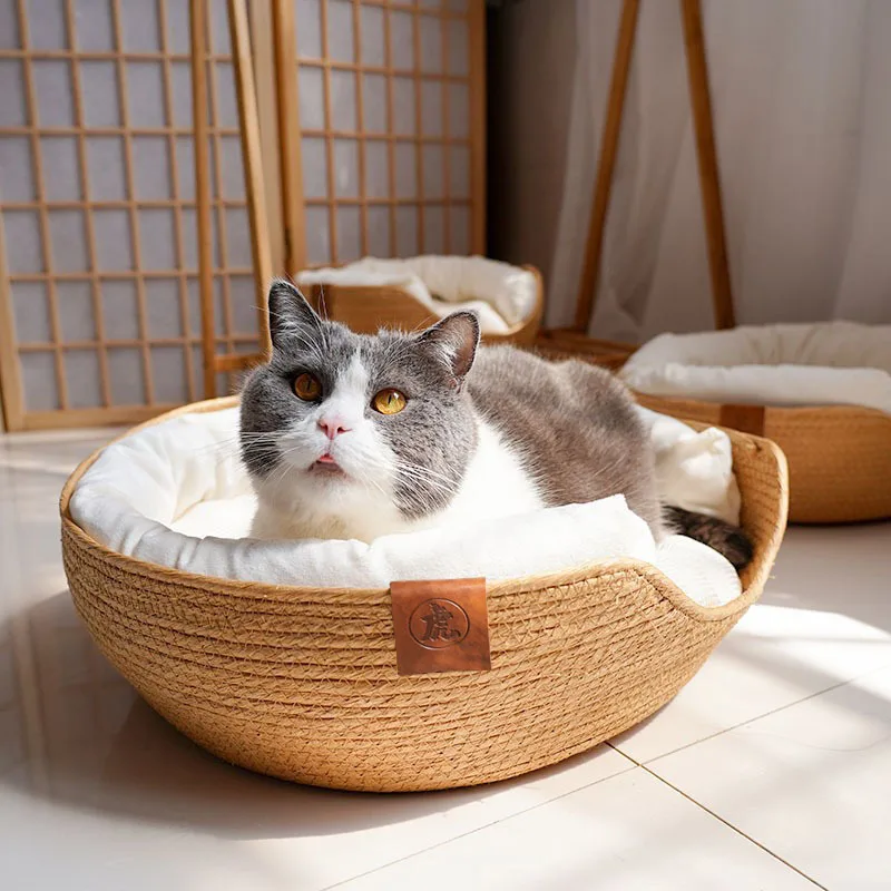 

Four Season Pet Bed Cat Mat Kennel Dog Beds Sofa Rattan Weaving Cozy Nest Baskets Waterproof Removable Cushion Sleeping Bag