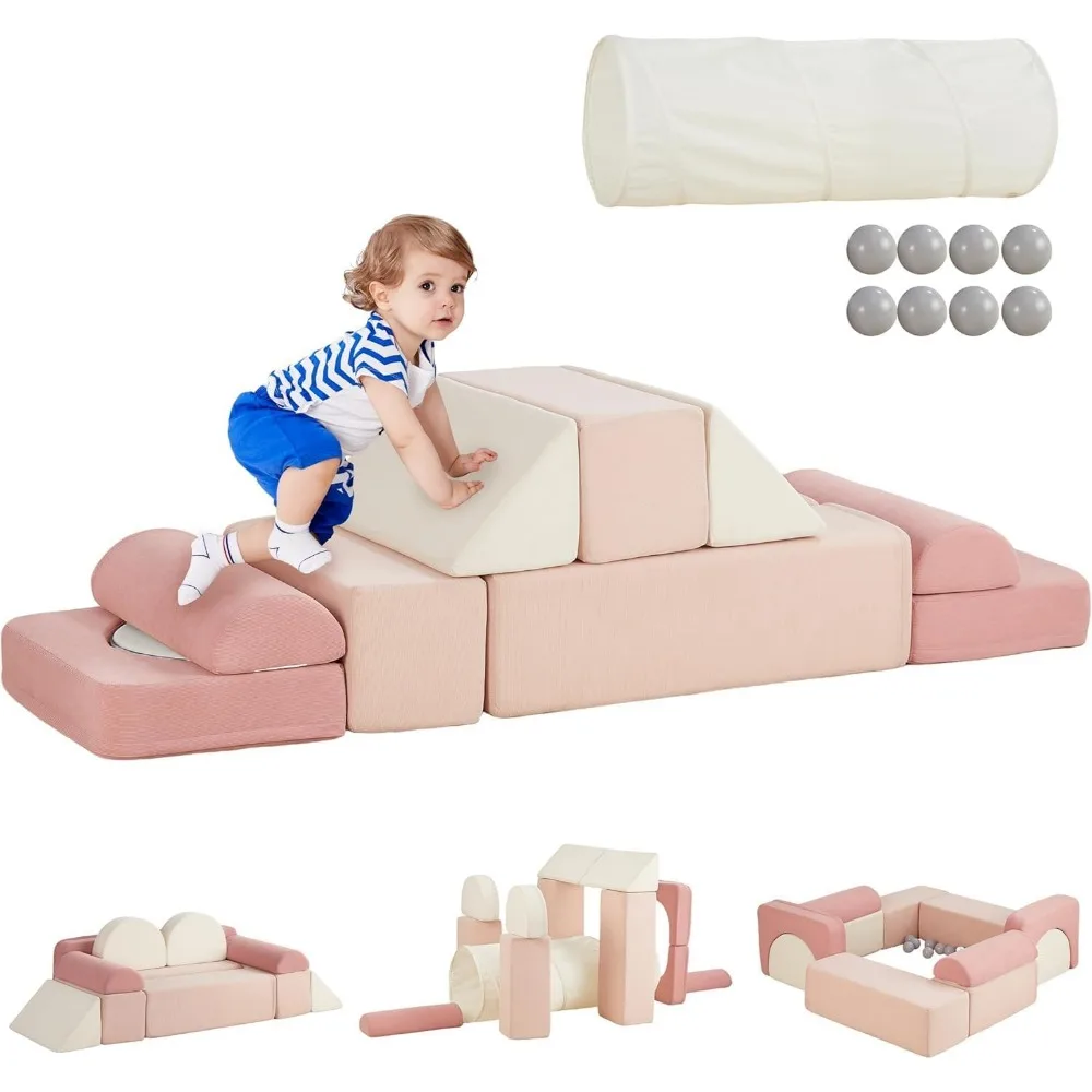 Convertible Foam Play Couch with Tunnel for Toddlers, Kids' Christmas Play Fort Building Set