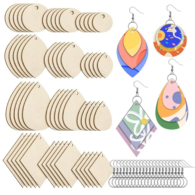 

120Pieces Unfinished Wooden Earrings Blank Wood For Earring 4 Shapes For Wooden Earring With Earring Hooks & Jump Rings