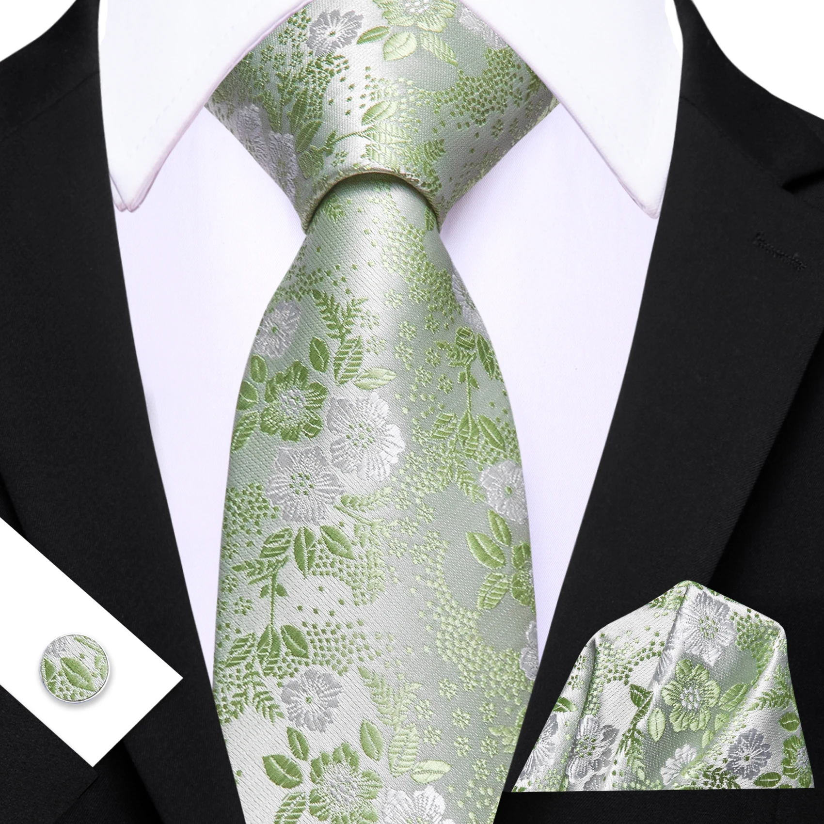Herren-Krawatte, klassisch, gelb, rosa, marineblau, Blumenmuster, Jacquard, modische Krawatten, Einstecktuch, Manschettenknopf-Set, Hochzeit, Party, Event – Detail 4