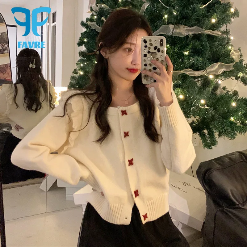 

FAVRE Spring New Sweater Women's Cardigan Square Collar Ruffled Knitted Cardigans Women Korean Style Slim Cropped Sweater