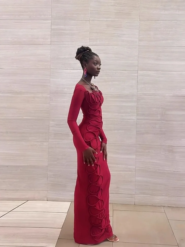 Wmstar Dress Women Wholesale New Pleated Personalized Twisted Rope Decorated Square Neck Long Sleeved Slim Spring Summer 2025