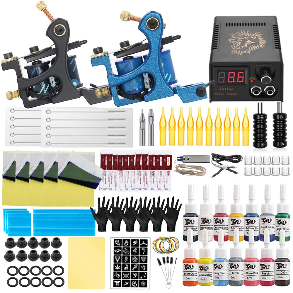 Complete Coils Tattoo Kit Liner Shader Machine Power Supply Inks Pigment tattoo supplies tattoo kit with Tattoo Needles Accessories for Beginner Set