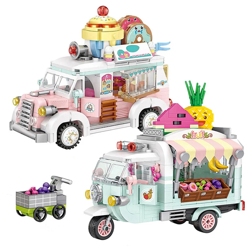 

Cartoon Car Building Blocks DIY Street View Shop Pizza Coffee Cart Assembled Ornaments for Adults and Children Toys Brick Gifts