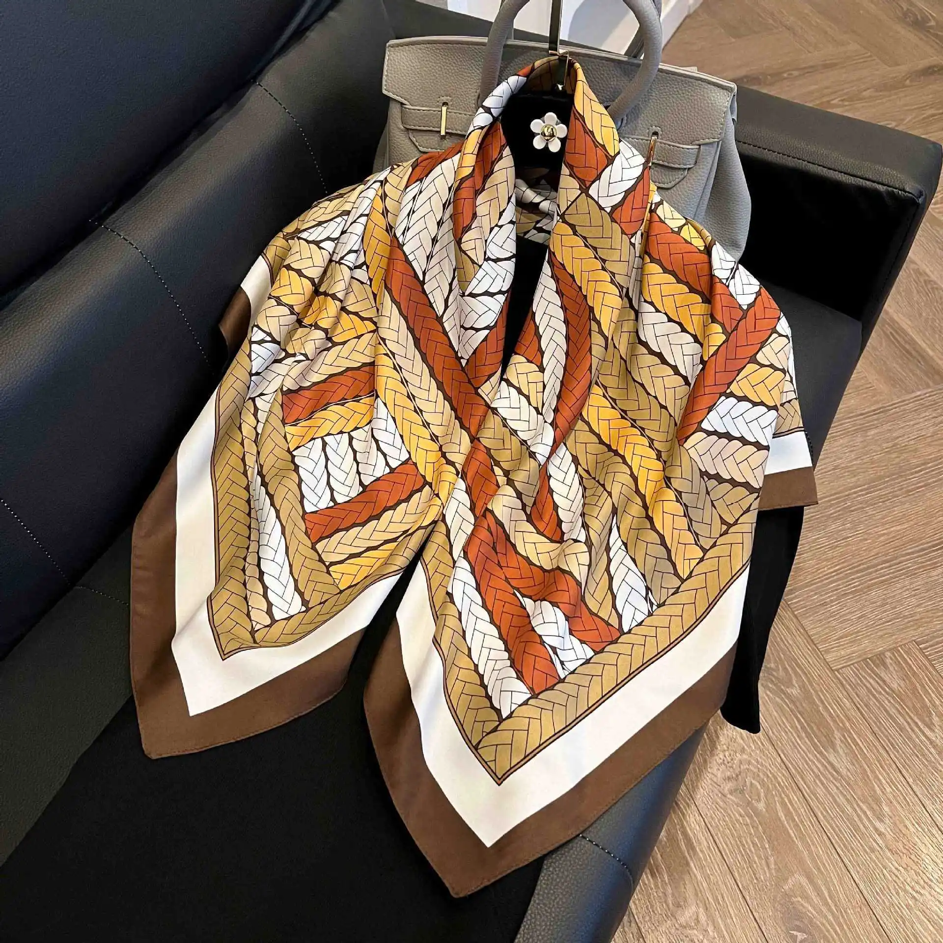 90*90cm Luxus-Marken Damen Seiden-Quadratschal Hijab Frauen Bandana Weiche Schals Halstuch Damen Haar-Schal Kopfbedeckung – Detail 10