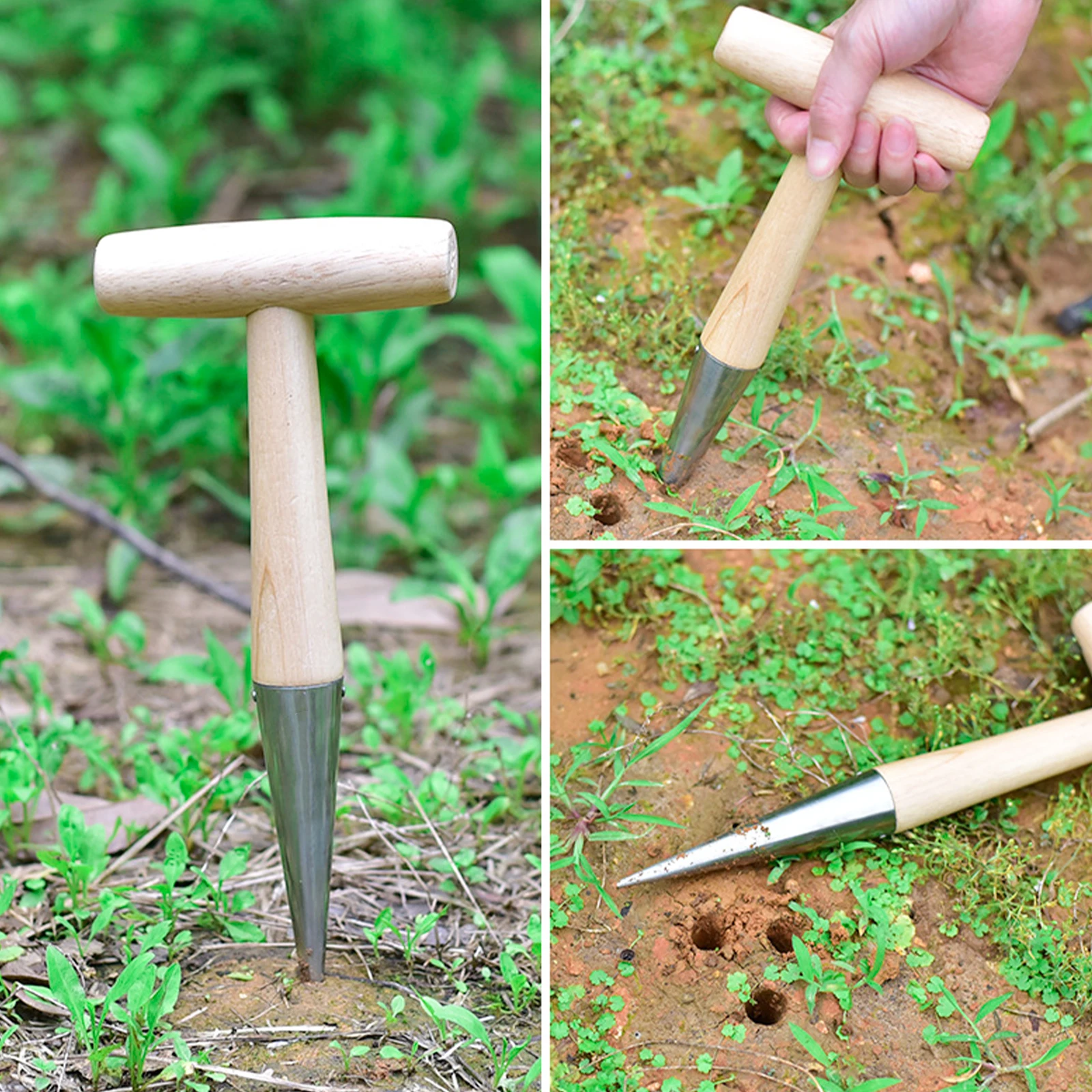 Wood Handle Hand Sow Dibbler Digger Seedling Bulbs Transplanting Tool Gardening Digging Hole Punch Tool Flower Vegetable Planter