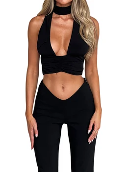 Women Ruched Halterneck Tops Solid Color Summer Casual Bandage Backless Sleeveless Crop Tops Streetwear 1
