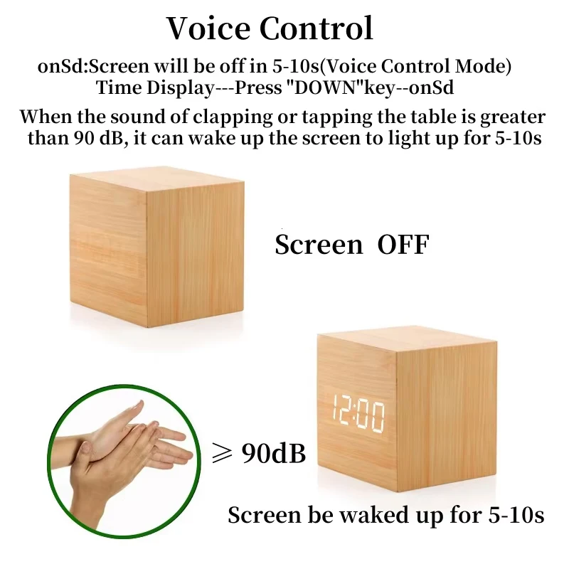 LED Wooden Digital Alarm Clock with Voice Control and USB/AAA Power Options
