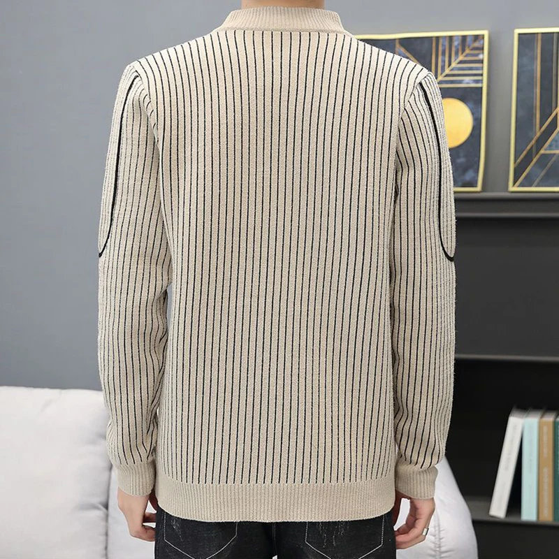 Fashion Stand Collar Spliced Embroidery Striped Sweaters Men's Clothing 2023 Winter Loose Knitted Casual Pullovers Korean Tops 6