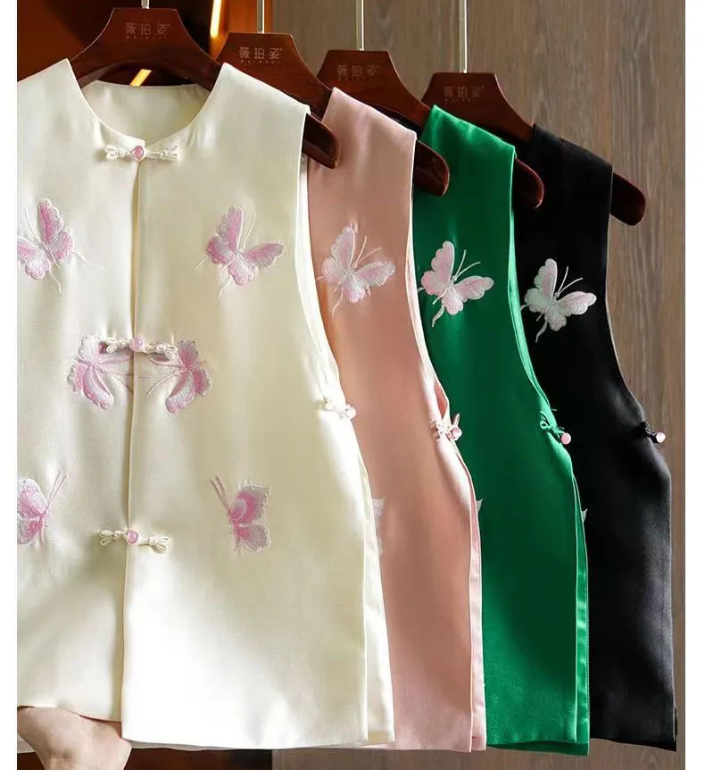 Chinese Vintage Style Top Women Tang Clothes Embroidery Butterfly Qipao Lady Mandarin Collar Vest Modern Cheongsam Top