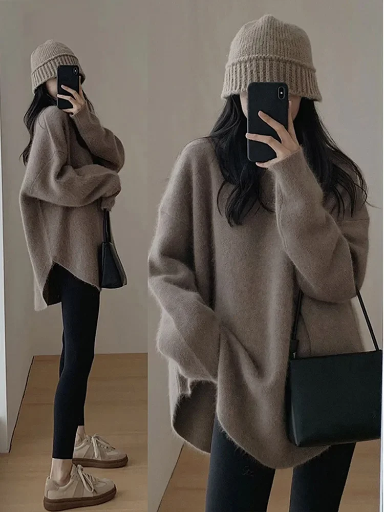 

Casual Loose Knit Pullover Women Solid O-neck Fluffy Sweater Female 2023 Autum Warm Soft Fashion Long Sleeve Lady Knitwear