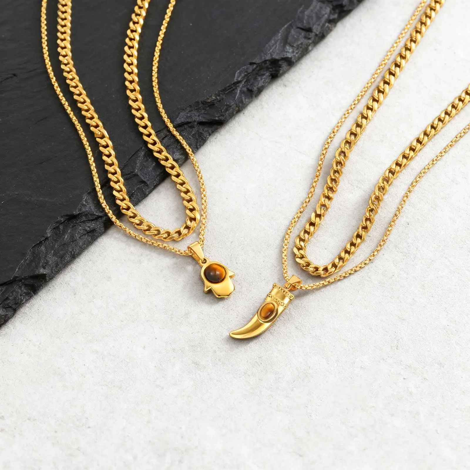 Trendige Horn-Halskette für Männer und Jungen, goldfarbene Edelstahl-Tigerauge-Stein-Lagen-Halskette, zierliches männliches Schmuckset als Geschenk – Detail 4