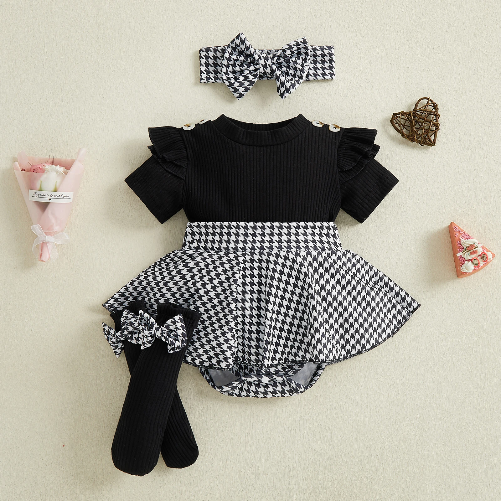 Infant Newborn Baby Girl Spring Outfit Houndstooth Short Sleeve Ribbed Romper Dress Bow Headband and Socks 3 Piece Set 1