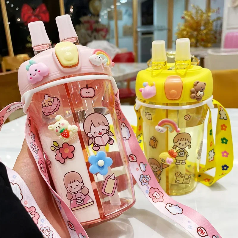 Cute Children Double Drinking Water Bottle Straw Portable Bottle 430ml Plastic Cup