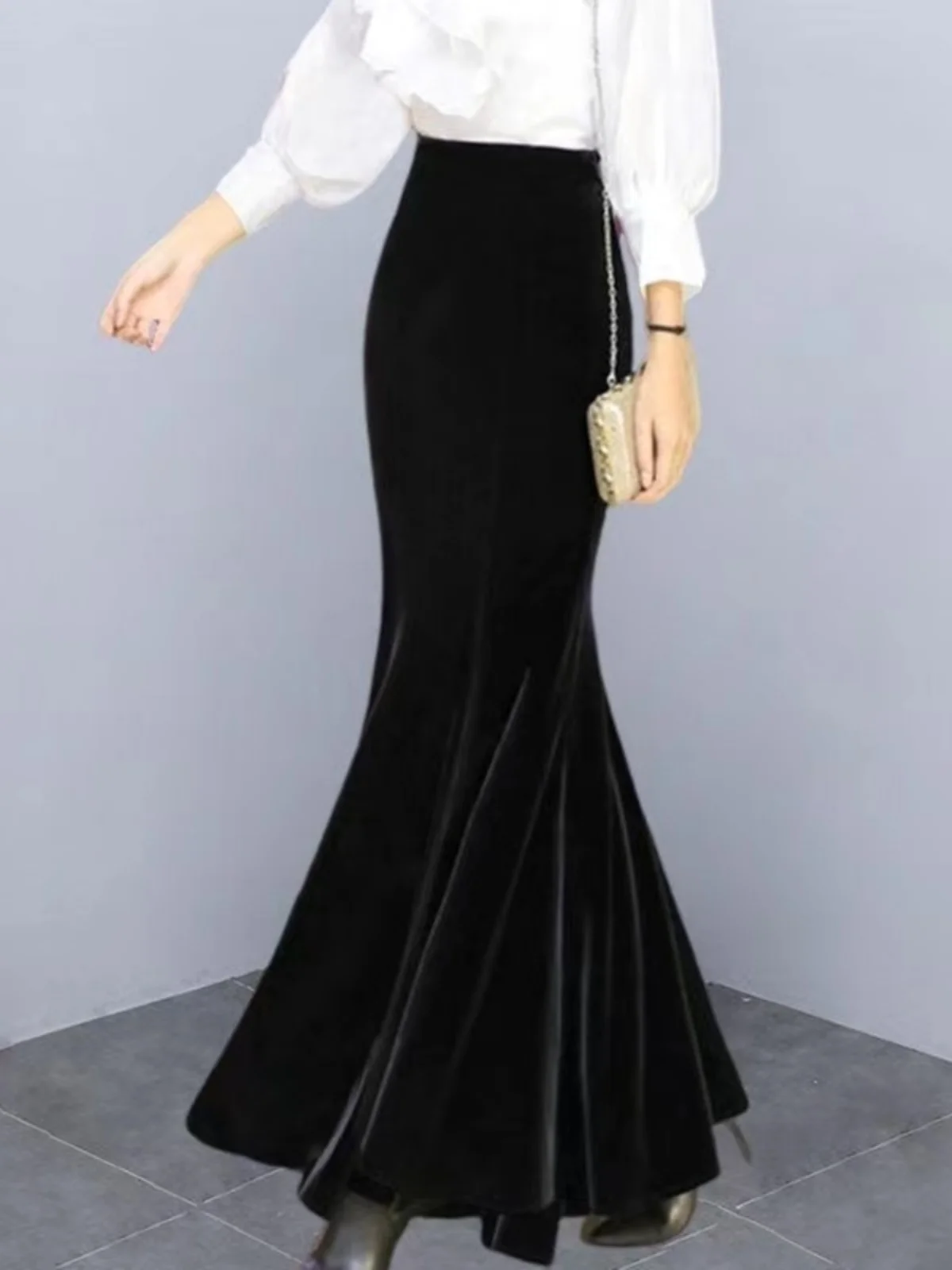 Spring Autumn Gold Velvet Fi Tail Skirt High Waist Bodycon Celebri Sle Women's Casual  Color Polyester A-Line Skirt