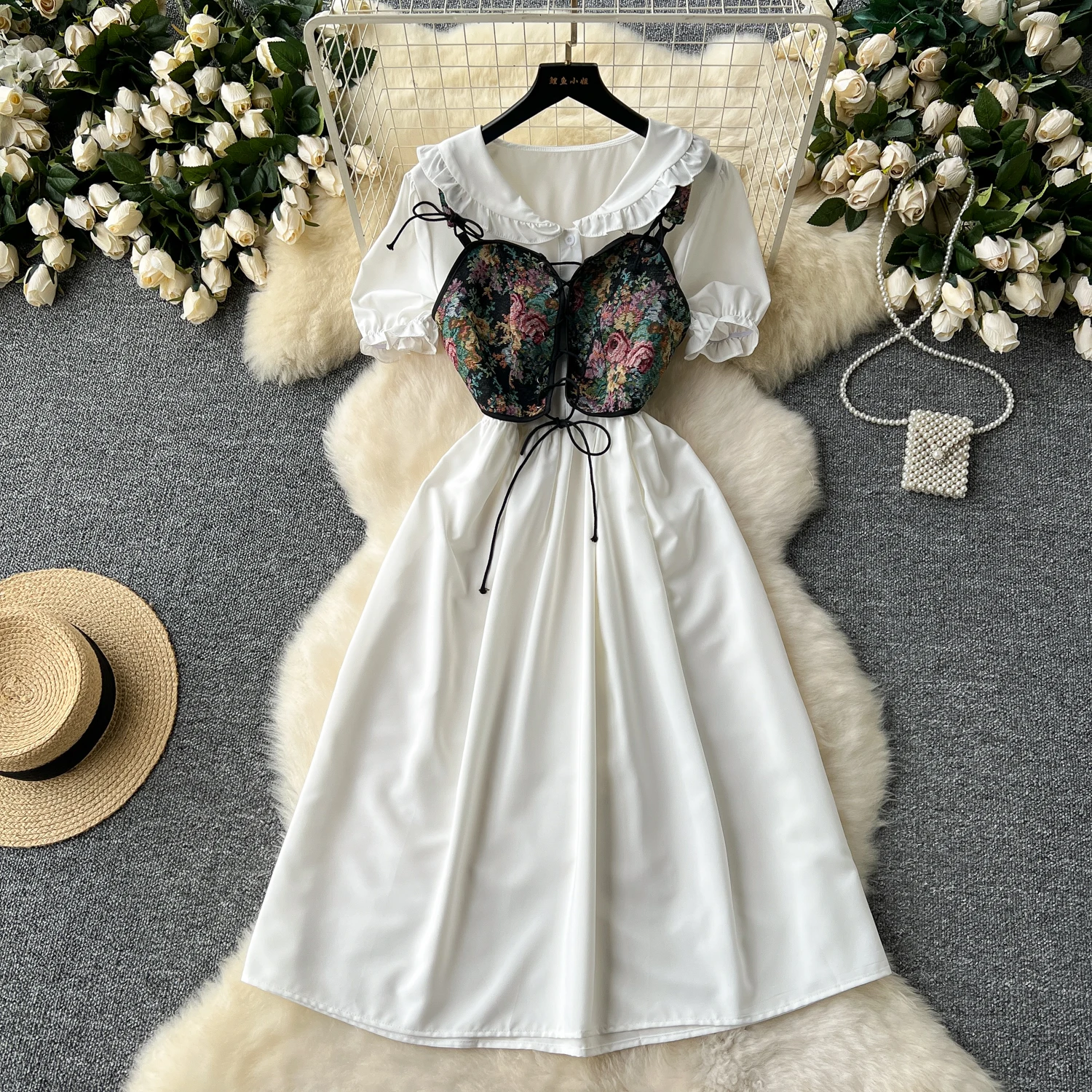 

Vintage Elegant A-line Peter pan Collar puff sleeve Dress korean fashion Casual Women print Fashion Summer dresses