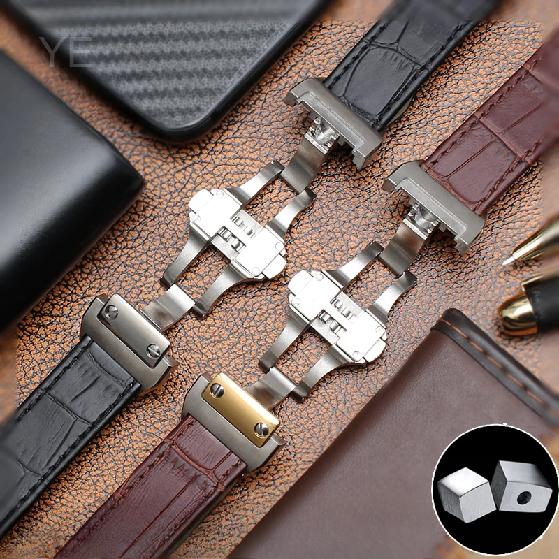 Waterproof Steel Buckle Leather Watch Strap - Black/Brown Cowhide, 24.5mm