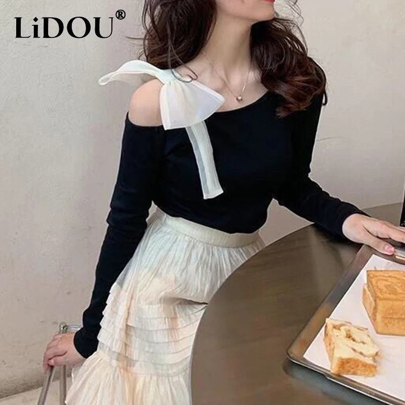 

2023 Spring Boat Neck Bow Off Shoulder Long Sleeve T-shirt Women Contrast Color Patchwork Fashion Slim Elegant Pullovers Tops