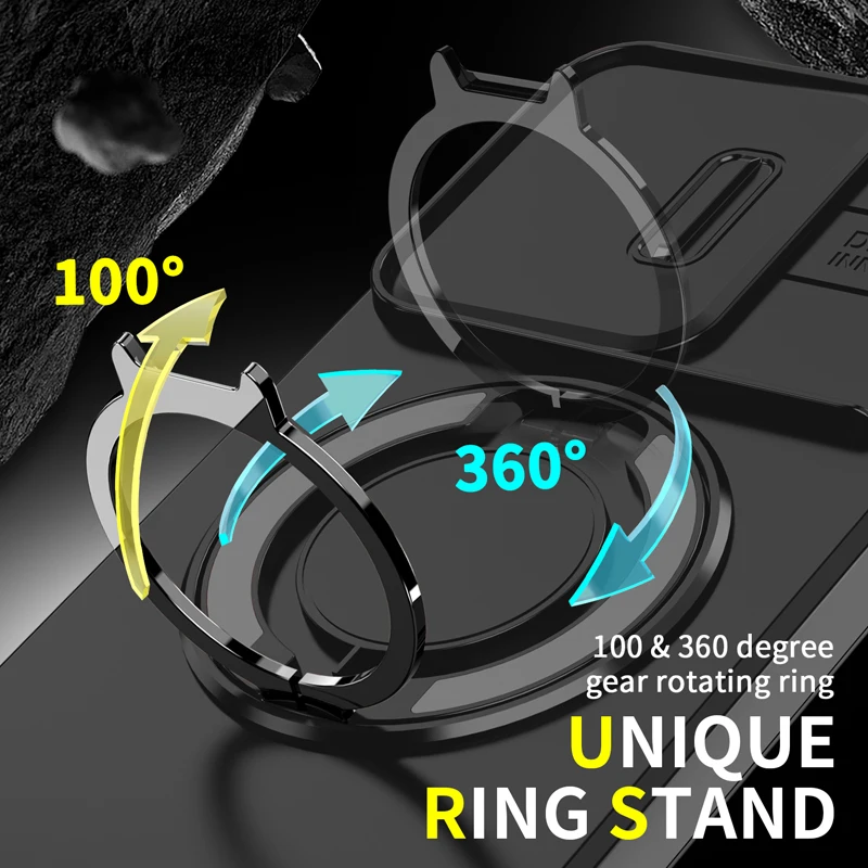Heavy Duty Magnetic Metal Ring Phone Case - Shockproof Rugged Armor with Slide Camera Protector
