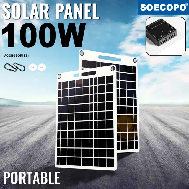 Chargeur solaire 100W avec deux Ports USB, panneau solaire étanche et Portable pour le Camping en plein air, la randonnée, les appareils d'urgence 1