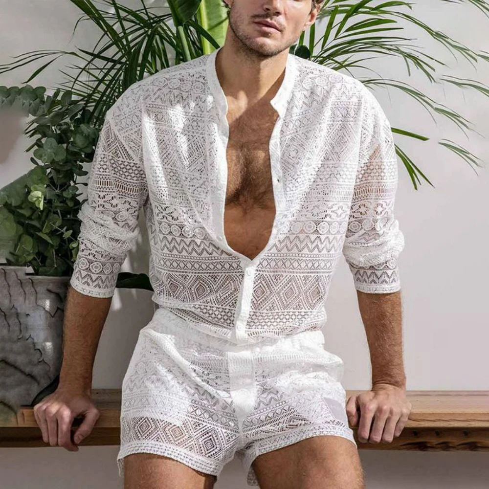 Mens Fashion Set Summer New Hollow Out Sexy Lace Shorts Pattern Print Shirt Two Piece Suits Trendy Elegant Beach Clothes Outfits