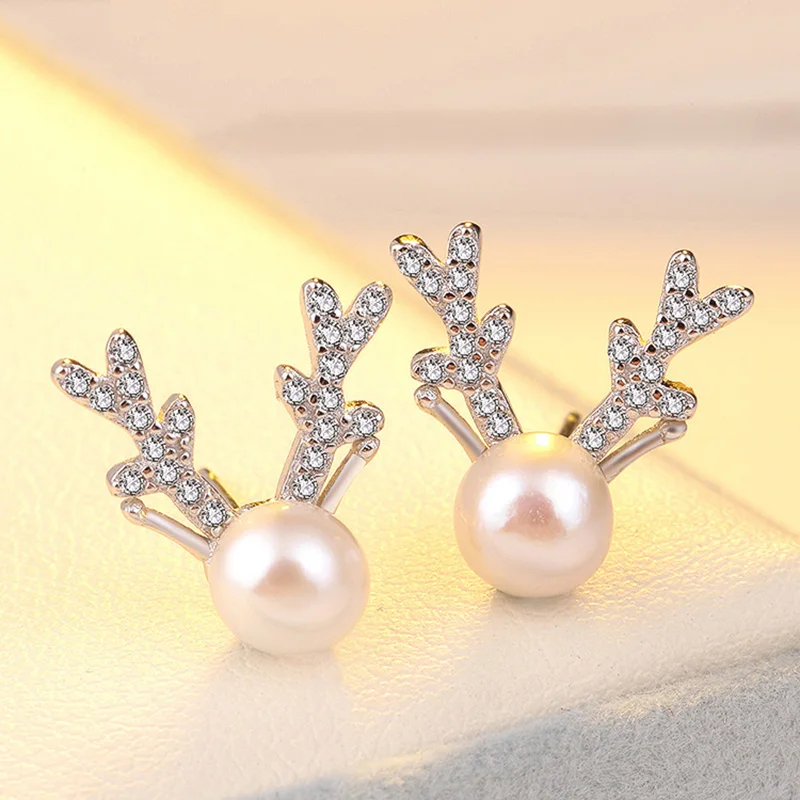 

Authentic 925 Sterling Silver Earring Deer Antlers Pearl Full Crystal Stud Earring For Women Girl Wedding Party Jewelry Gift