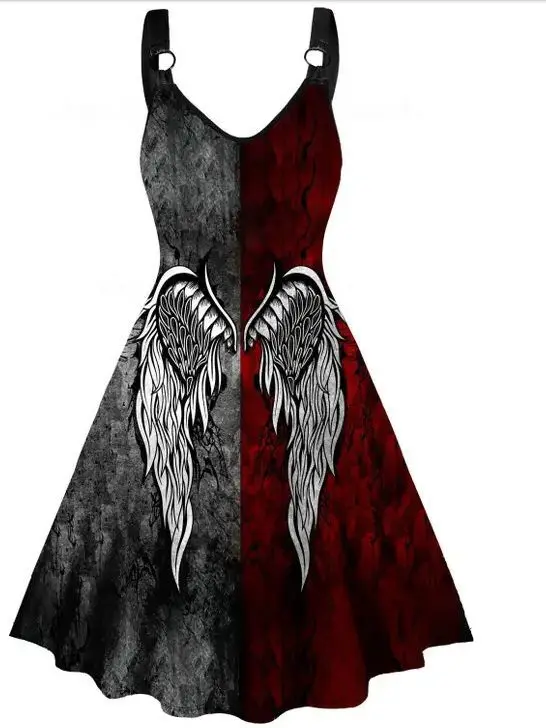 

Vintage Goth Halloween Party Devil Wings Printed Dresses for Women Rose Punk Skull Party Skirt Sexy Charming Clothes Gift