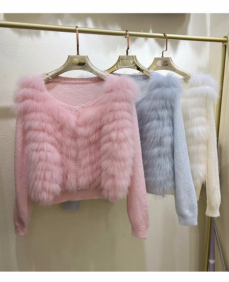 

2023 Autumn Winter Fashion Women High Quality Pearls Beading Fox Fur Patchwork Knitted Jackets Cardigans Top F141