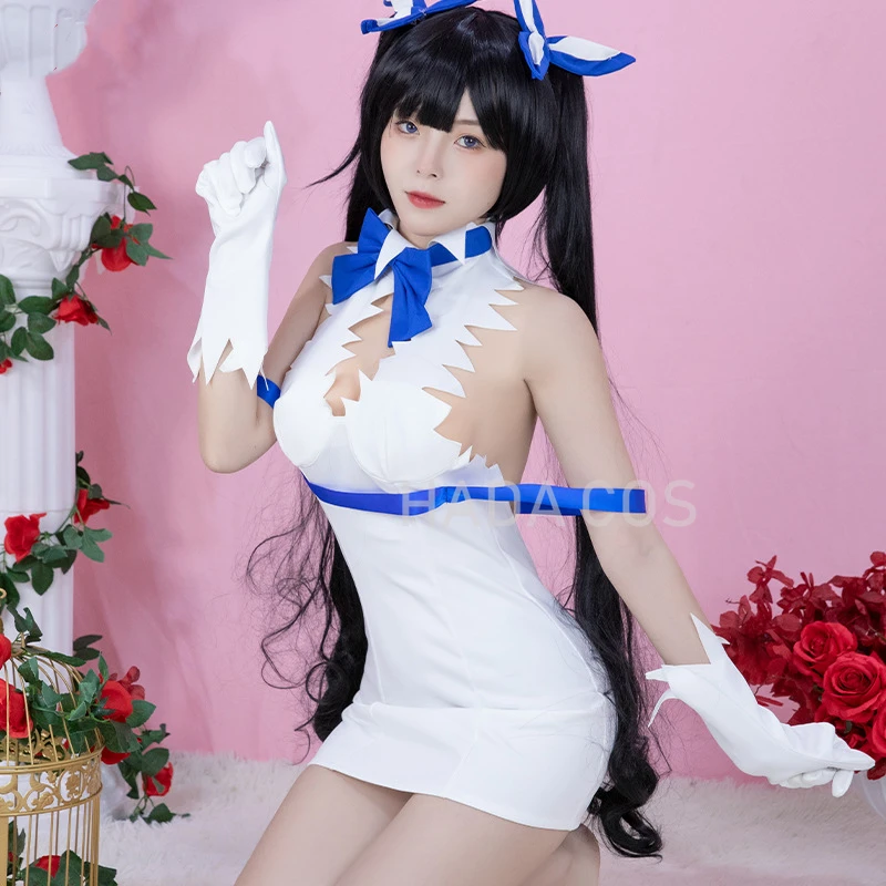 Anime DanMachi Season 4 Hestia Cosplay Costume Wig White Skirt Blue Bow  Gloves Is It Wrong