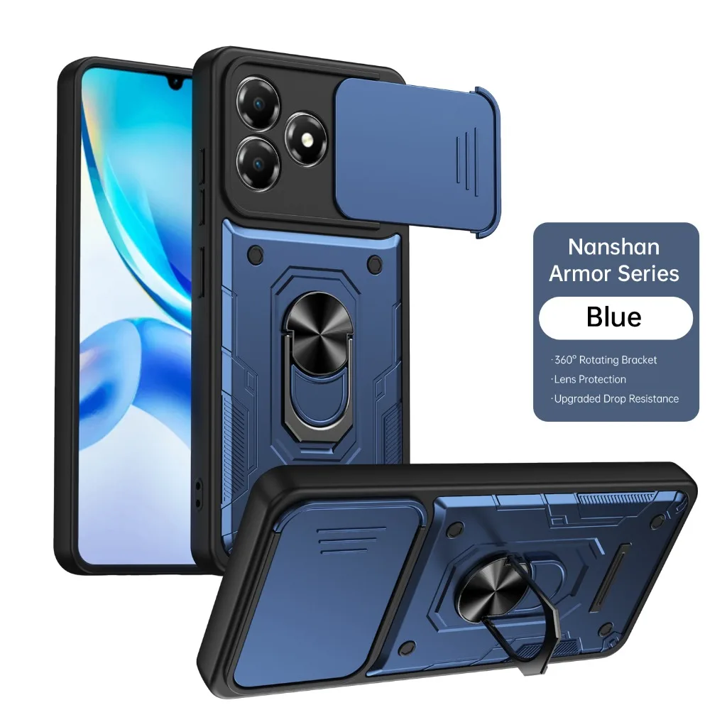 Shockproof Armor Phone Case with Slide Camera Protection and 360° Rotating Ring Holder Kickstand