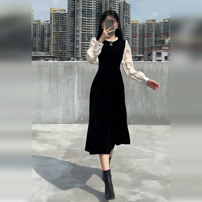 Wo Pieces Autunno New Contrast Color Women Dress Sweet Ladies Elegant Dress Donna Simple Basic Abiti A Maniche Lunghe