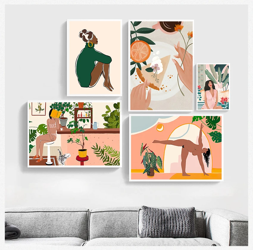 

Художественная Картина на холсте, скандинавские постеры и искусства для гостиной, Декор, модная сексуальная девушка, цветочные растения, иллюстрация стены