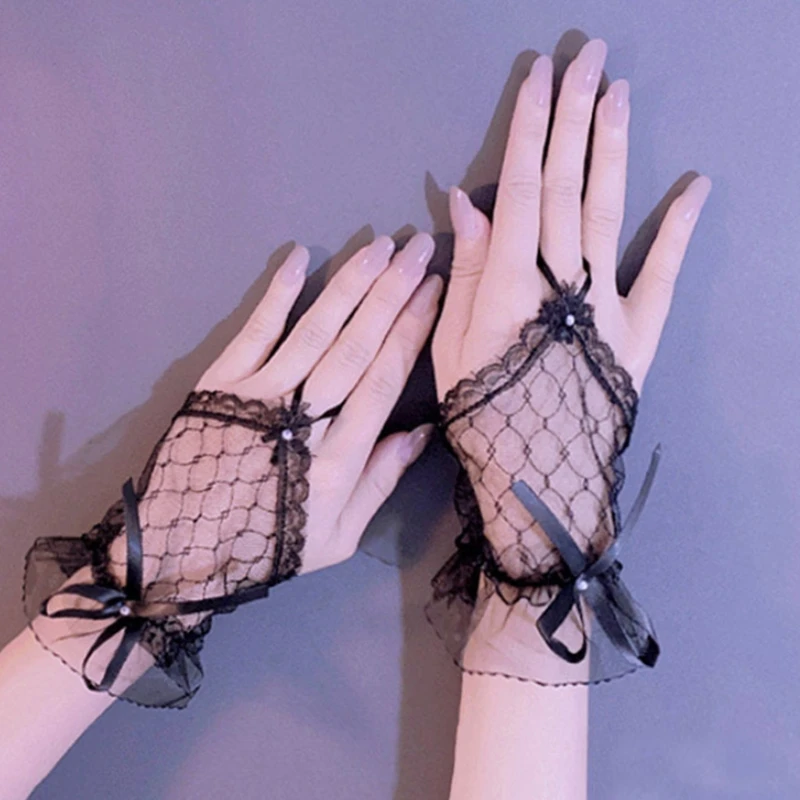 

Women Elegant Short Lace Fingerless Gloves Vintage Gothic Wedding Cuffs for Brides Ladies Lolita Lace Gloves Sunproof