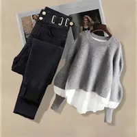 2026 Spring Autumn New Vintage Jeans Matching Set Women's Korean Elegant Fake Two Piece Knit Sweater+High Waist Denim Pants Suit - Image 2