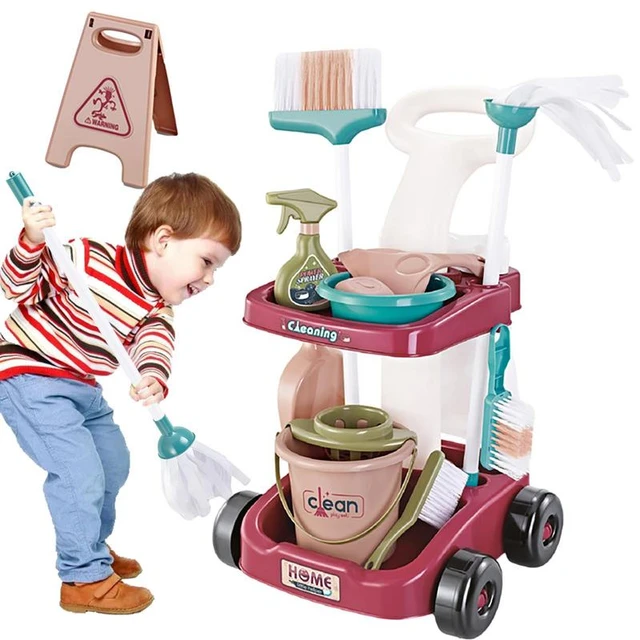 Kids Cleaning Set 12 PCS Pretend Play Detachable Housekeeping Cart with  Broom,Dust Pan, Spray Bottle Children House Cleaning Tools Toys, Kids Broom