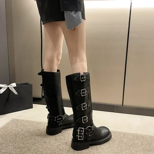 여성용 무릎 높이 플랫폼 부츠, 우아한 로우 힐 트렌드, 펑크 고딕 신상 록 가죽 패션, 오토바이 신발 5