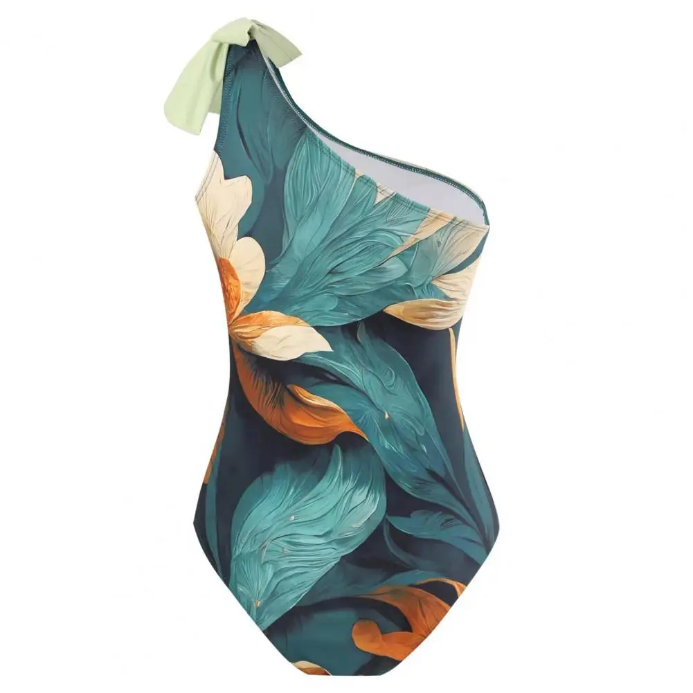 

Women One-shoulder Swimsuit Women Swimsuit with Cover-up Floral Print Monokini Skirt with One Shoulder Lace-up Design for Lady
