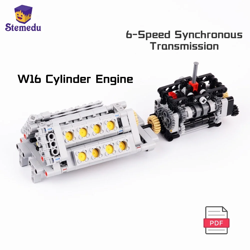 MOC 8770 6-Speed Synchronous Transmission Gearbox W16 Cylinder Engine Technical Parts Pack Building Block Brick Compatible Leduo