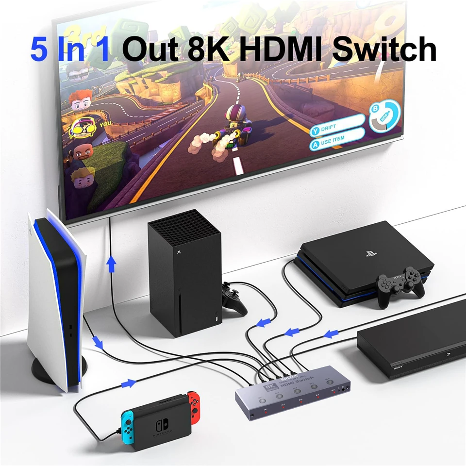 8K HDMI 2.1 Switch Splitter 4K 240Hz 5 Port HDMI 2.1 Switcher with remote 5 In 1