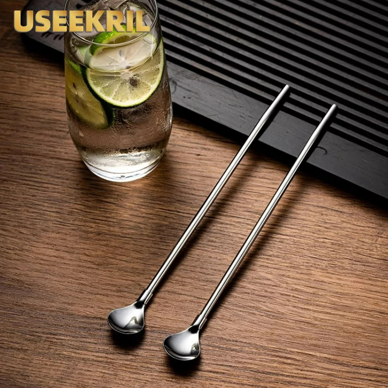 Stainless Steel Straw Spoon Long Handle Spoons Stirring Integrated Personalized Spoon Coffee Cocktail Glass Cup Straw