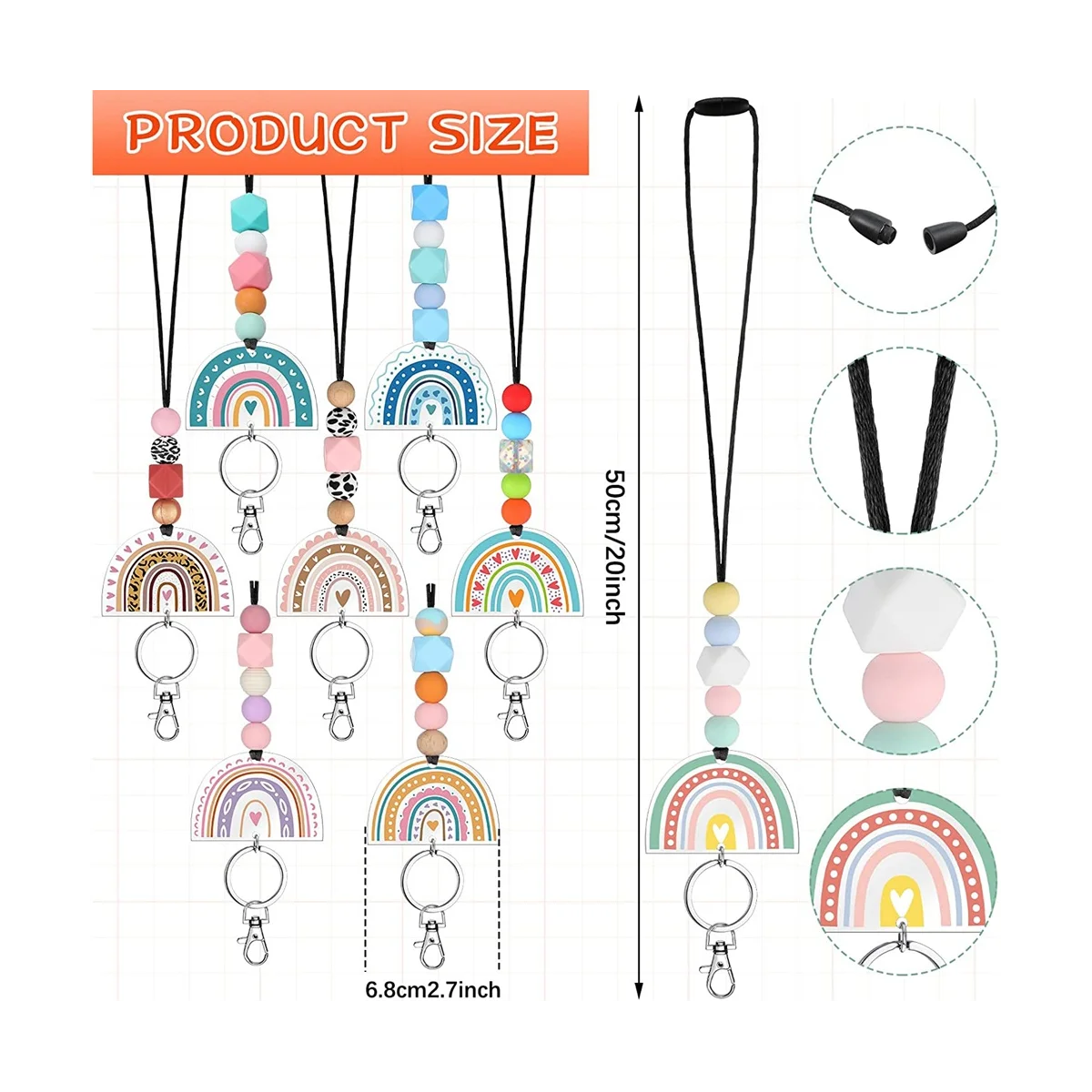 

8 Pcs Teacher Lanyard for Id Badges and Keys Acrylic Boho Rainbow Beaded Lanyard Cute Keychains for Women Id Lanyard