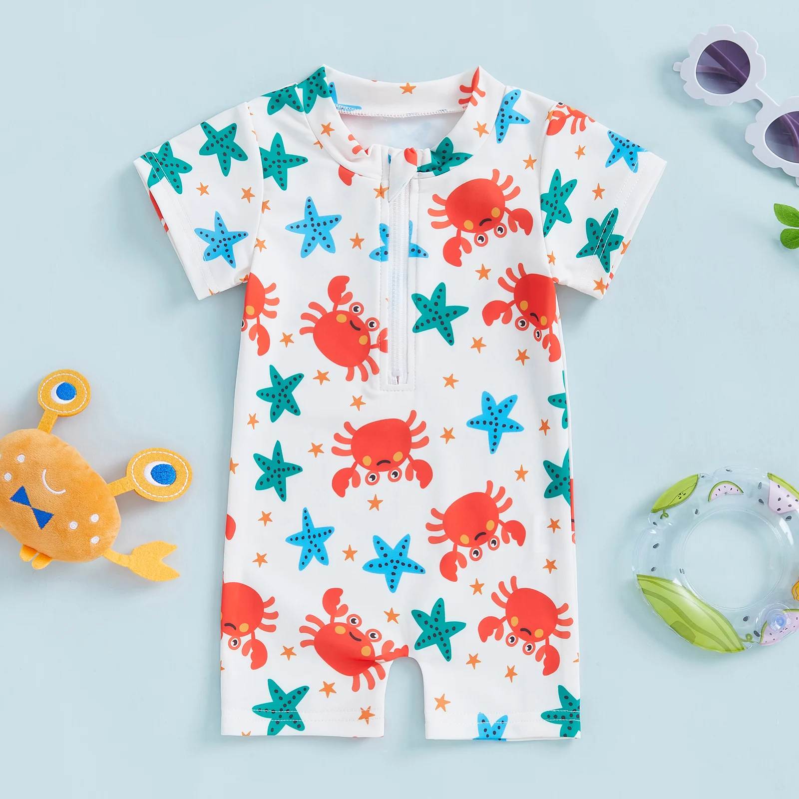 Toddler Summer Swimwear for Baby Boys Rash Guard Swimsuits Crab Starfish Print Zipper Short Sleeve Sun Protection Bathing Suit