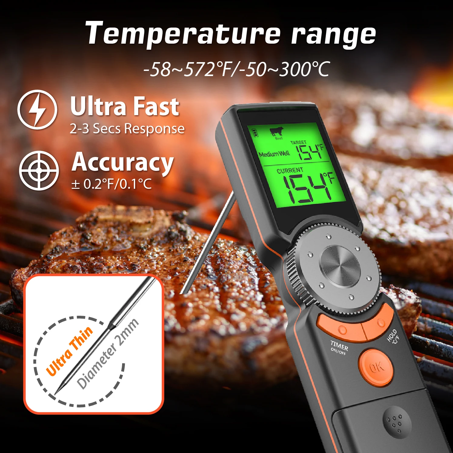 Digital Thermometer Digital Kitchen Thermometer Barbecue Thermometer Non Medical Thermometer Meat Thermometer Digital Meat Thermometer Portable Meat Thermometer LCD Digital Baking Instant Read Kitchen Waterproof Food BBQ Thermometer Handheld Fold