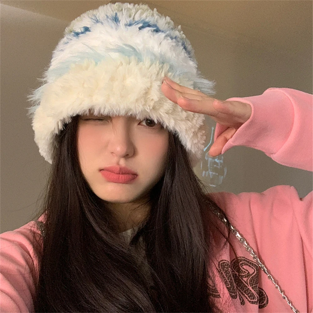 

Japanese Colorful Plush Bucket Hat Large Version Colored Knit Hat Winter Thick Warm Ear Protection Hat Women Luxury Panama Hat