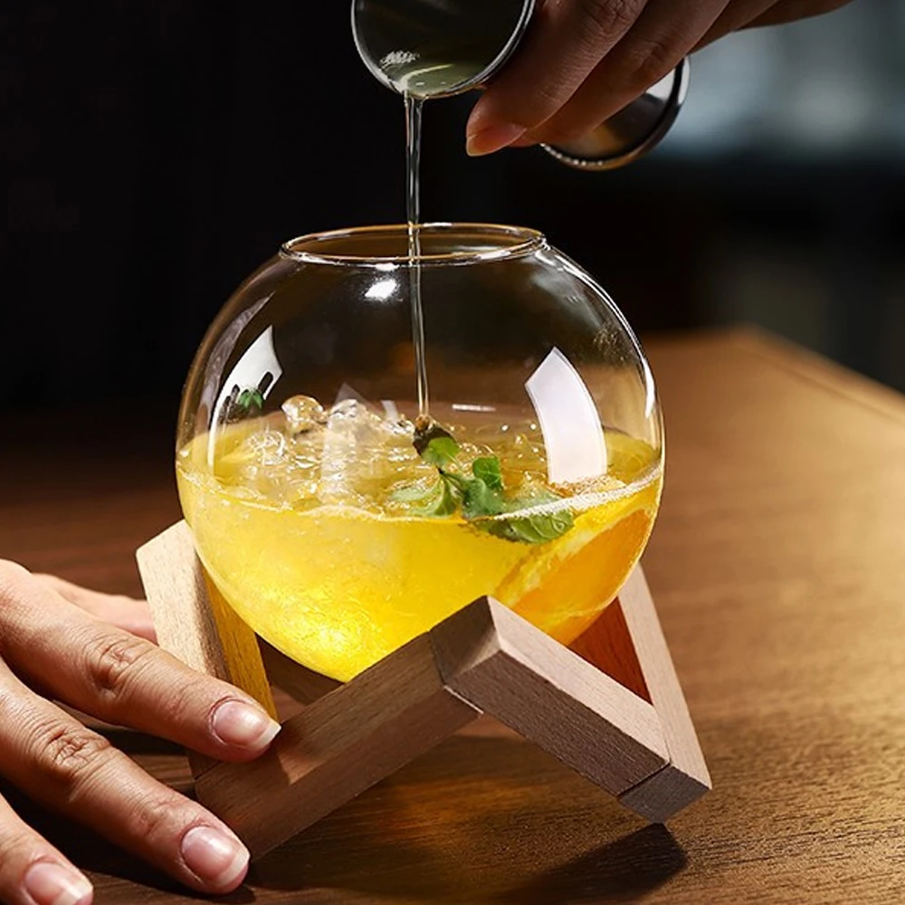 Cocktail Glass Cup With Wood Stand Creative Bar Drinkware Tumbler