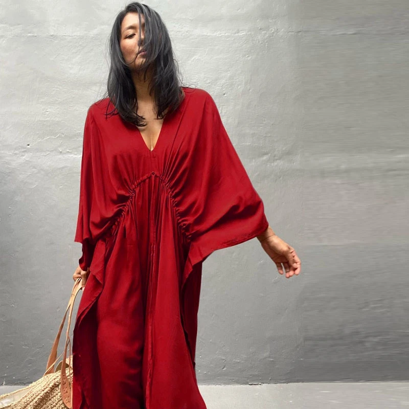 

Temperament Pure Color Loose Waist Robe Idle Style Vacation Red
