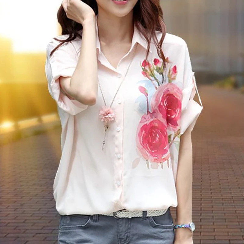 Women Floral Print Thin Button Up Shirt 2023 Summer Korean Fashion Turn Down Collar Short Sleeve Blouse Casual Loose Ladies Tops