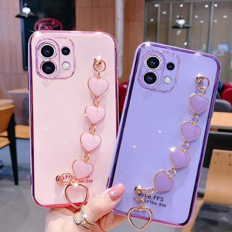 

Luxury Wrist Love Heart Chain Plating Case On For Xiaomi Mi 11 Lite 5G Ne 11i 11t Pro Mi11 Bracelet Silicone Cover Mi11lite