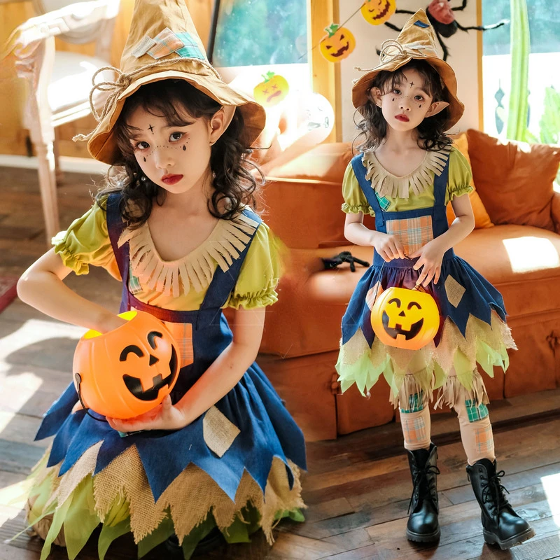 

2023 Cosplay Costumes Halloween Children's Clothing Baby Clothing Scarecrow Pastoral Dressing Girl Ugly Witch Witch