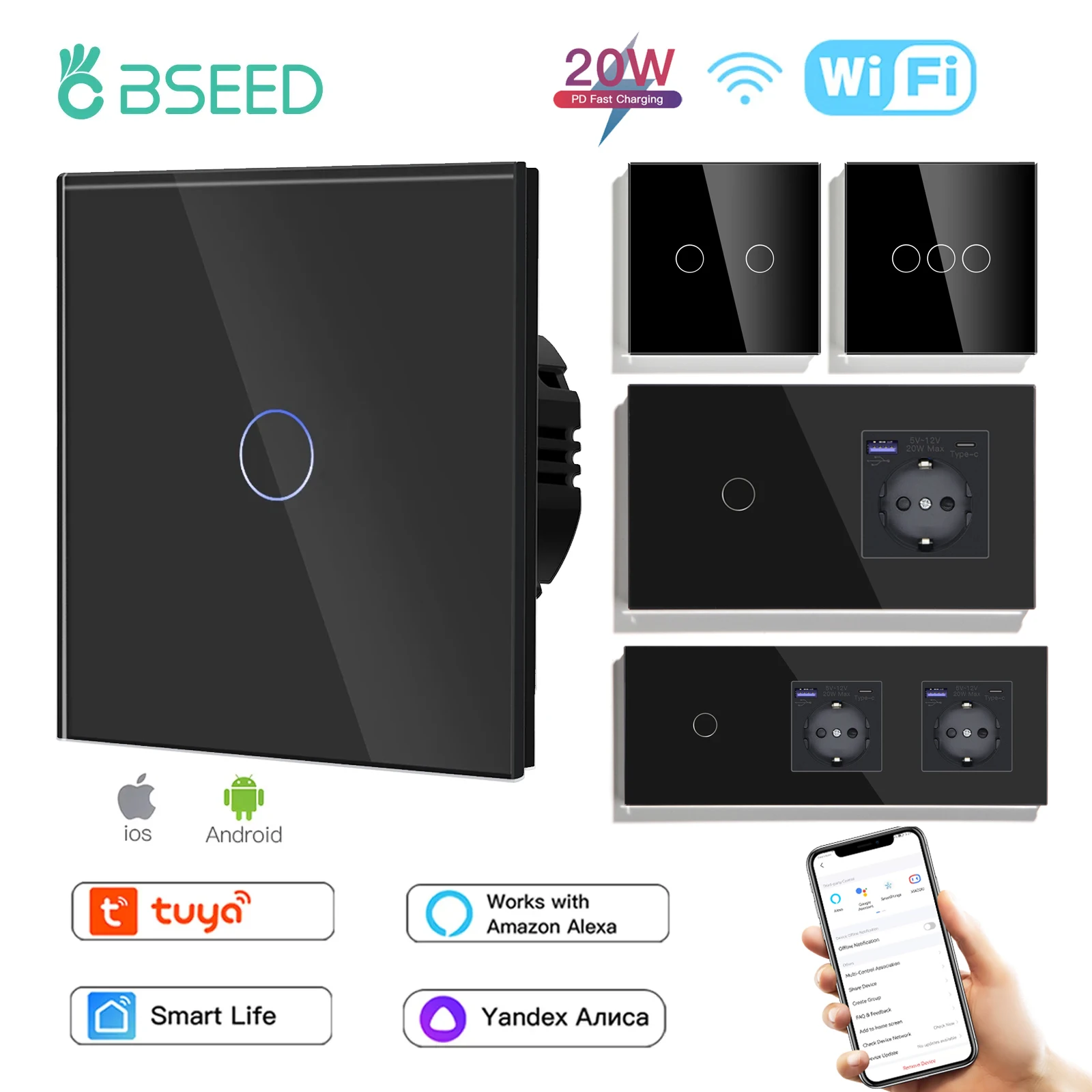 Bseed 3gang Wifi Interruptores de Toque de Parede 3way Interruptor Inteligente com 20w Tipo-c Usb ue Soquete Suporte Tuya Vida Inteligente Google Alexa